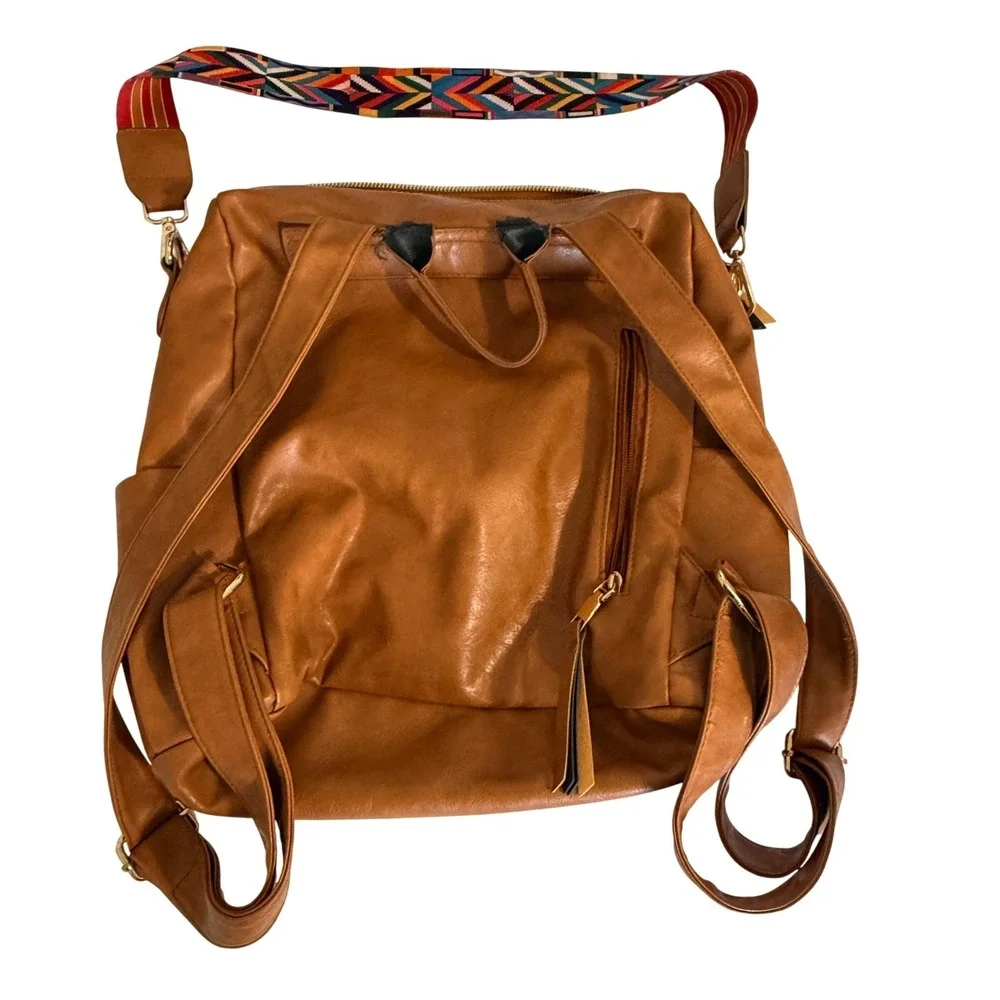 Unbranded Backpack Purse Women Large Brown Faux Leather Convertible Guitar Strap